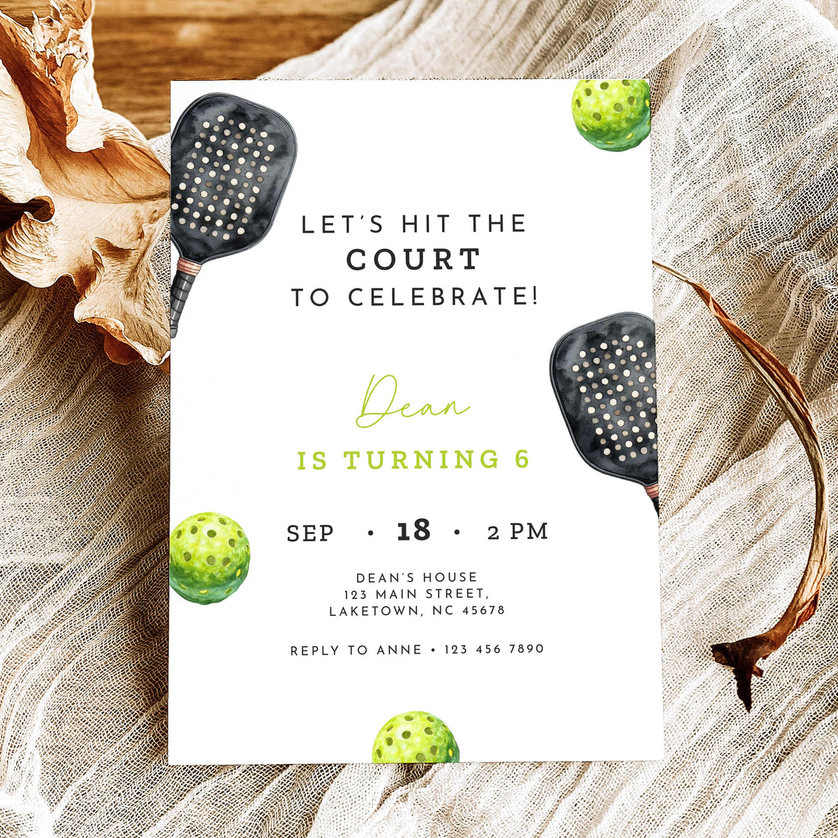 Black and neon green pickleball birthday invitation featuring a watercolor pickleball paddle and ball, modern sports typography, and a sixth birthday party theme.