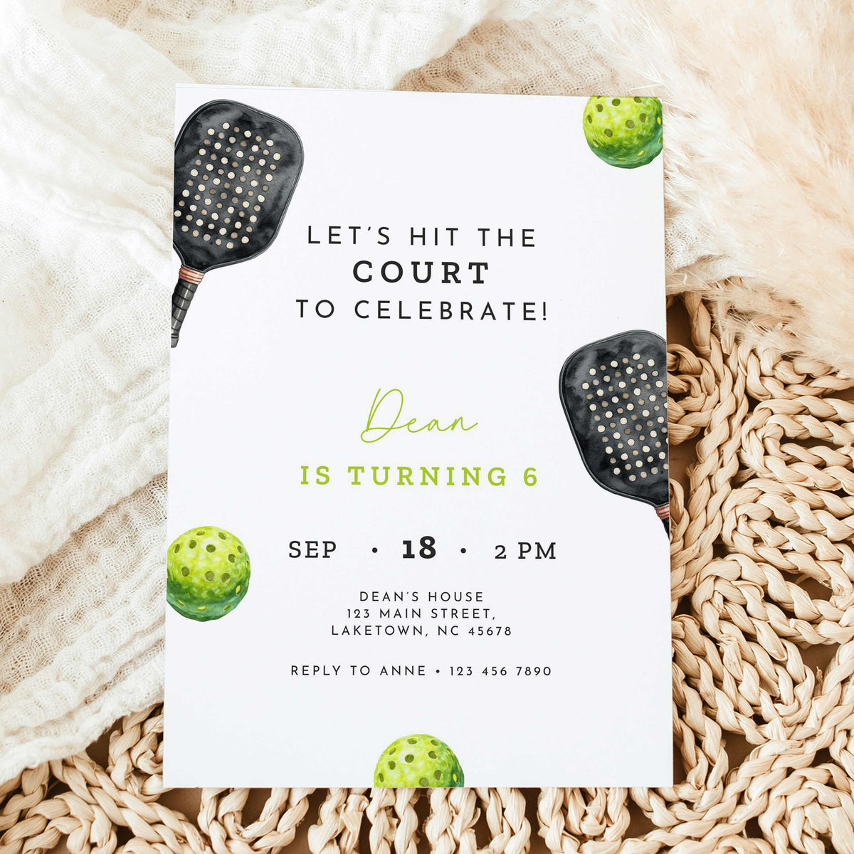 Black and neon green pickleball birthday invitation featuring a watercolor pickleball paddle and ball, modern sports typography, and a sixth birthday party theme.