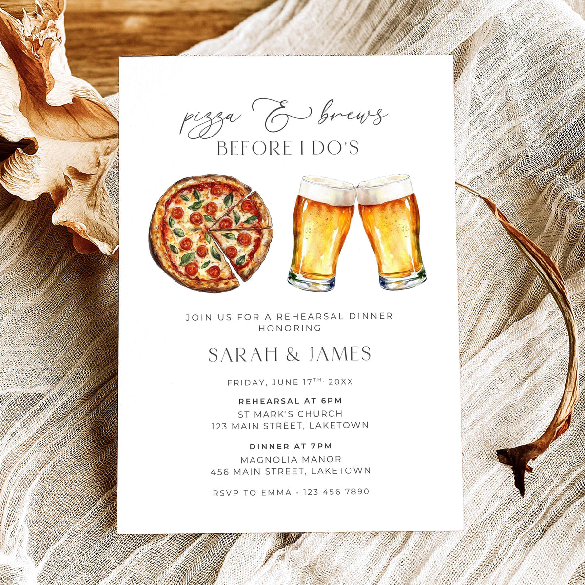 Pizza and beer rehearsal dinner invitation with watercolor pizza and clinking beer glasses