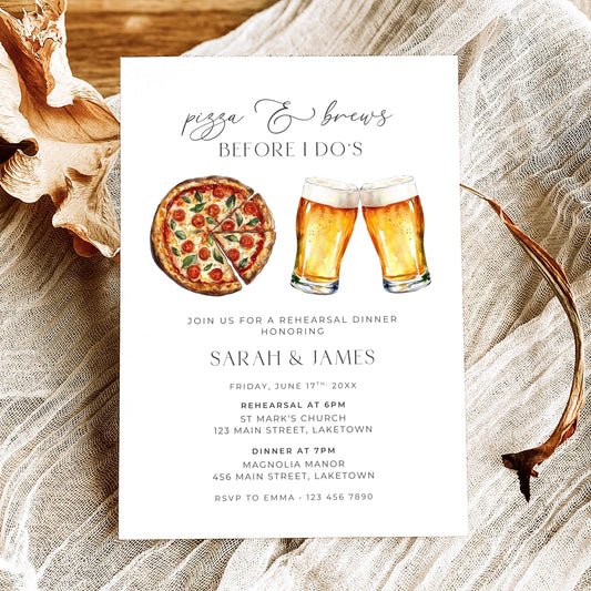 Pizza and beer rehearsal dinner invitation with watercolor pizza and clinking beer glasses