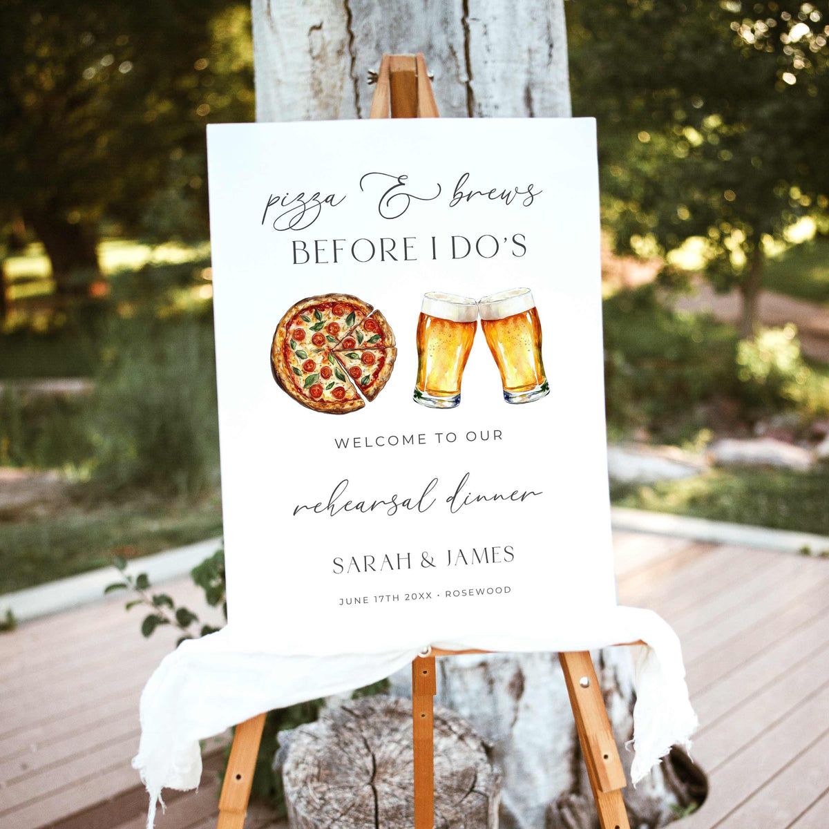 Pizza and beer rehearsal dinner welcome sign with watercolor pizza and clinking beer glasses