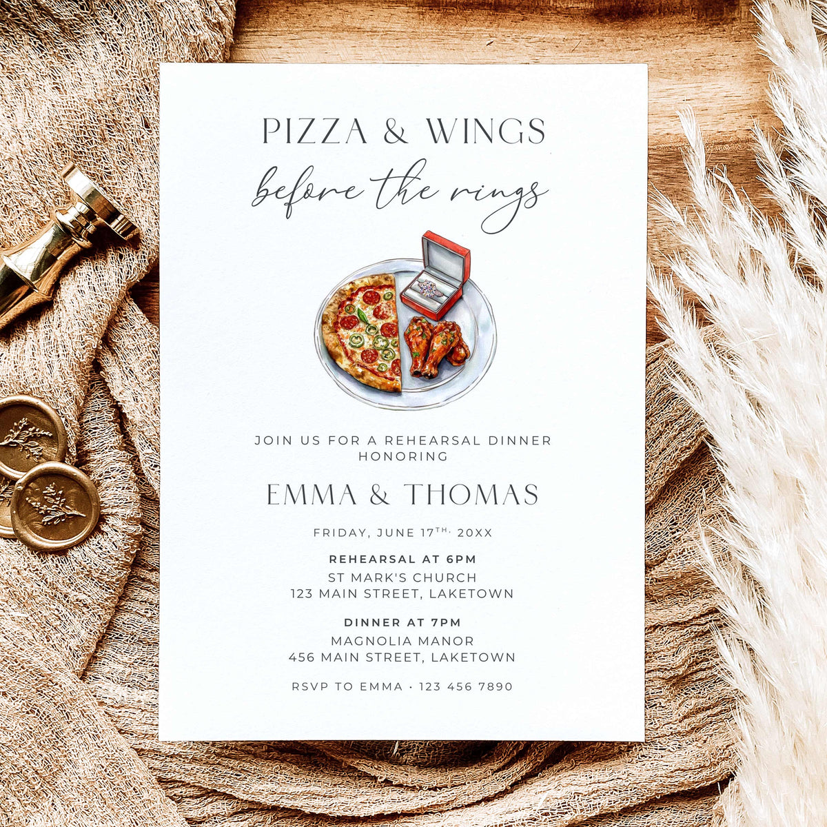 Pizza and Wings Before the Rings rehearsal dinner invitation featuring watercolor pizza, chicken wings, and an engagement ring in a red ring box, with elegant minimalist typography.