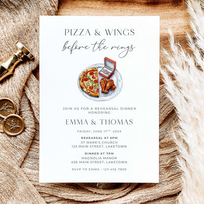 Pizza and Wings Before the Rings rehearsal dinner invitation featuring watercolor pizza, chicken wings, and an engagement ring in a red ring box, with elegant minimalist typography.