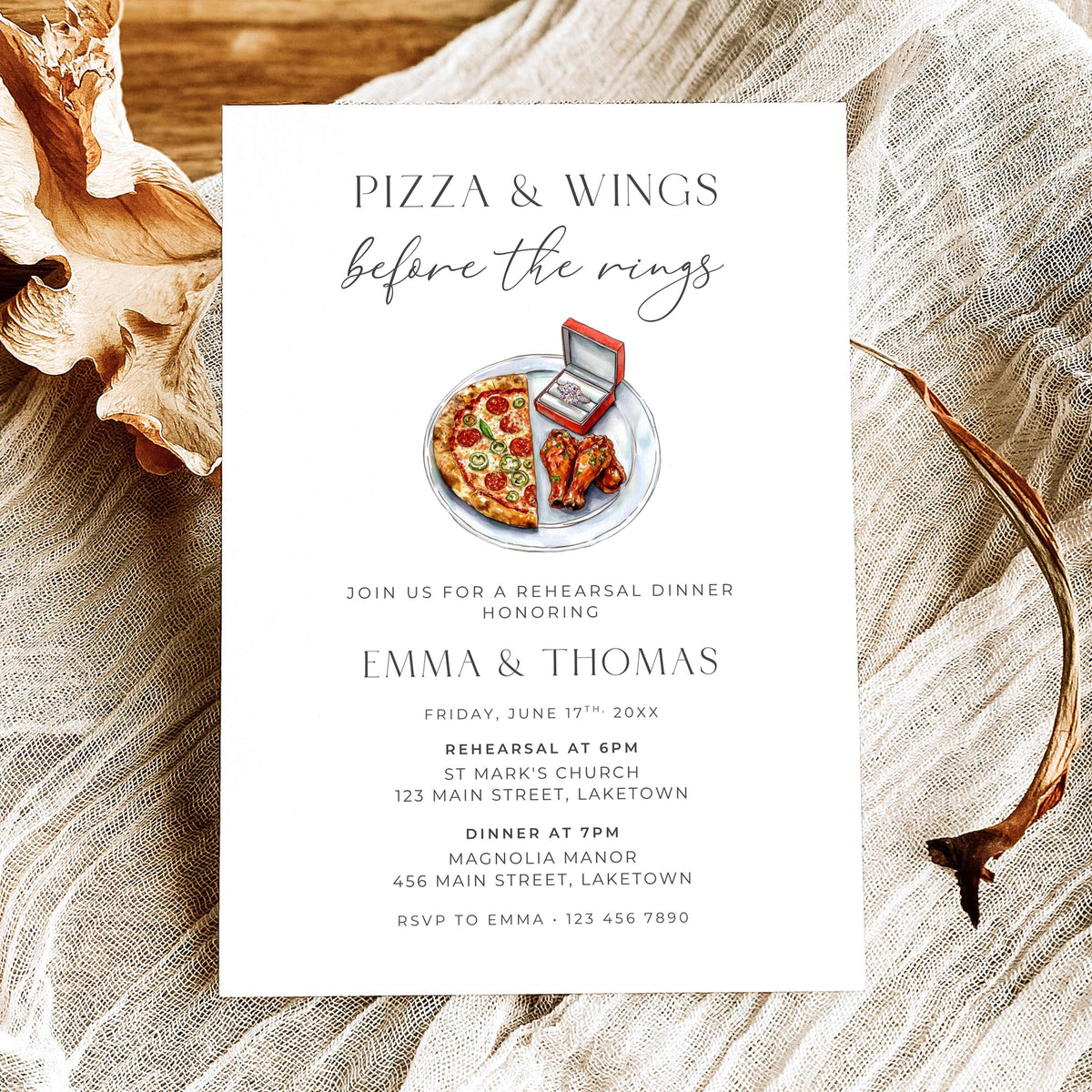 Pizza and Wings Before the Rings rehearsal dinner invitation featuring watercolor pizza, chicken wings, and an engagement ring in a red ring box, with elegant minimalist typography.