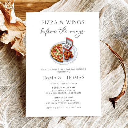 Pizza and Wings Before the Rings rehearsal dinner invitation featuring watercolor pizza, chicken wings, and an engagement ring in a red ring box, with elegant minimalist typography.