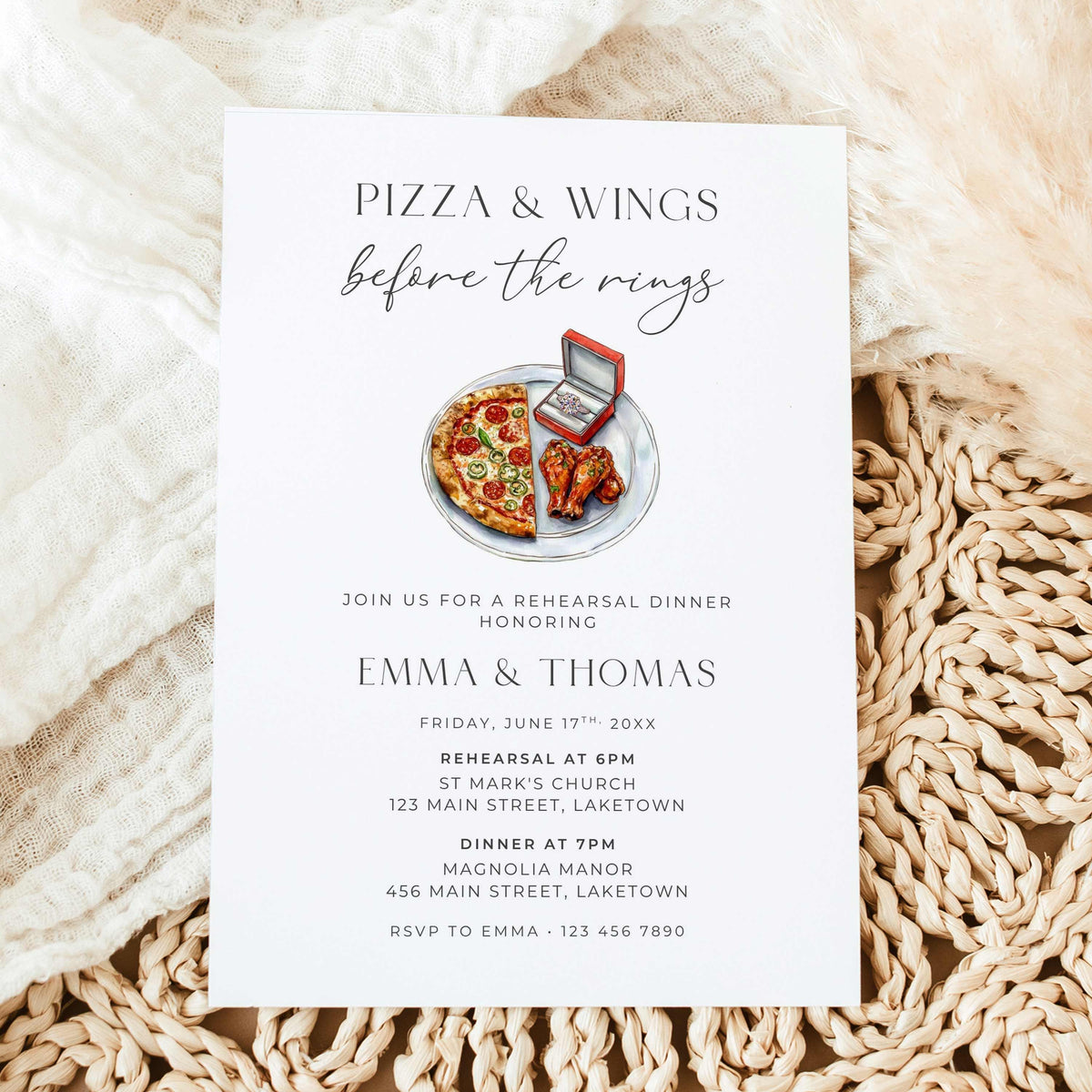 Pizza and Wings Before the Rings rehearsal dinner invitation featuring watercolor pizza, chicken wings, and an engagement ring in a red ring box, with elegant minimalist typography.