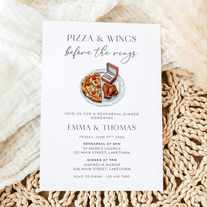 Pizza and Wings Before the Rings rehearsal dinner invitation featuring watercolor pizza, chicken wings, and an engagement ring in a red ring box, with elegant minimalist typography.