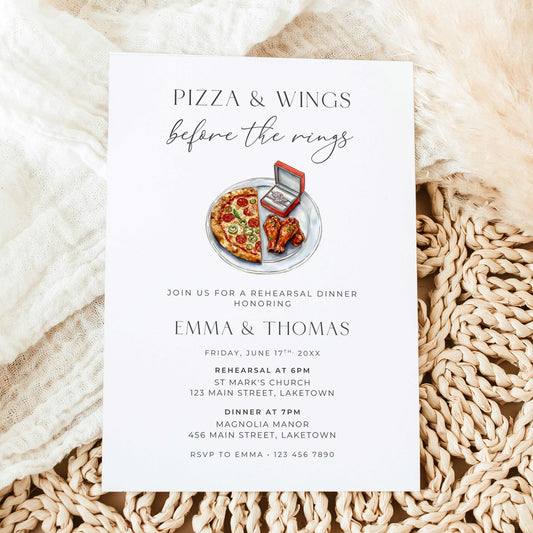 Pizza and Wings Before the Rings rehearsal dinner invitation featuring watercolor pizza, chicken wings, and an engagement ring in a red ring box, with elegant minimalist typography.