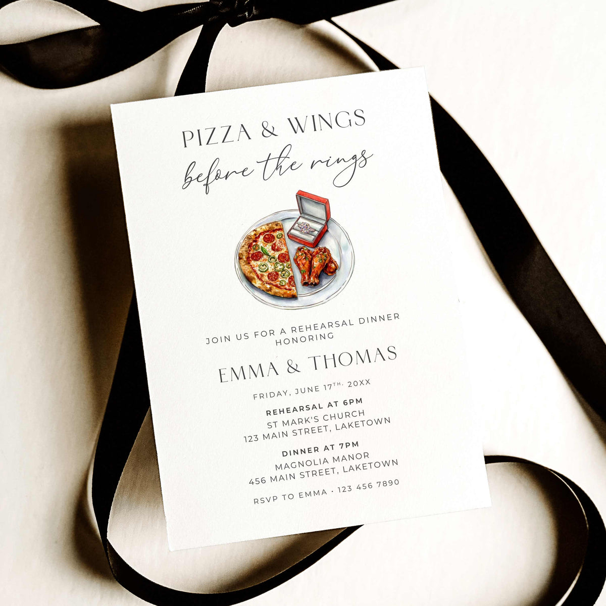 Pizza and Wings Before the Rings rehearsal dinner invitation featuring watercolor pizza, chicken wings, and an engagement ring in a red ring box, with elegant minimalist typography.