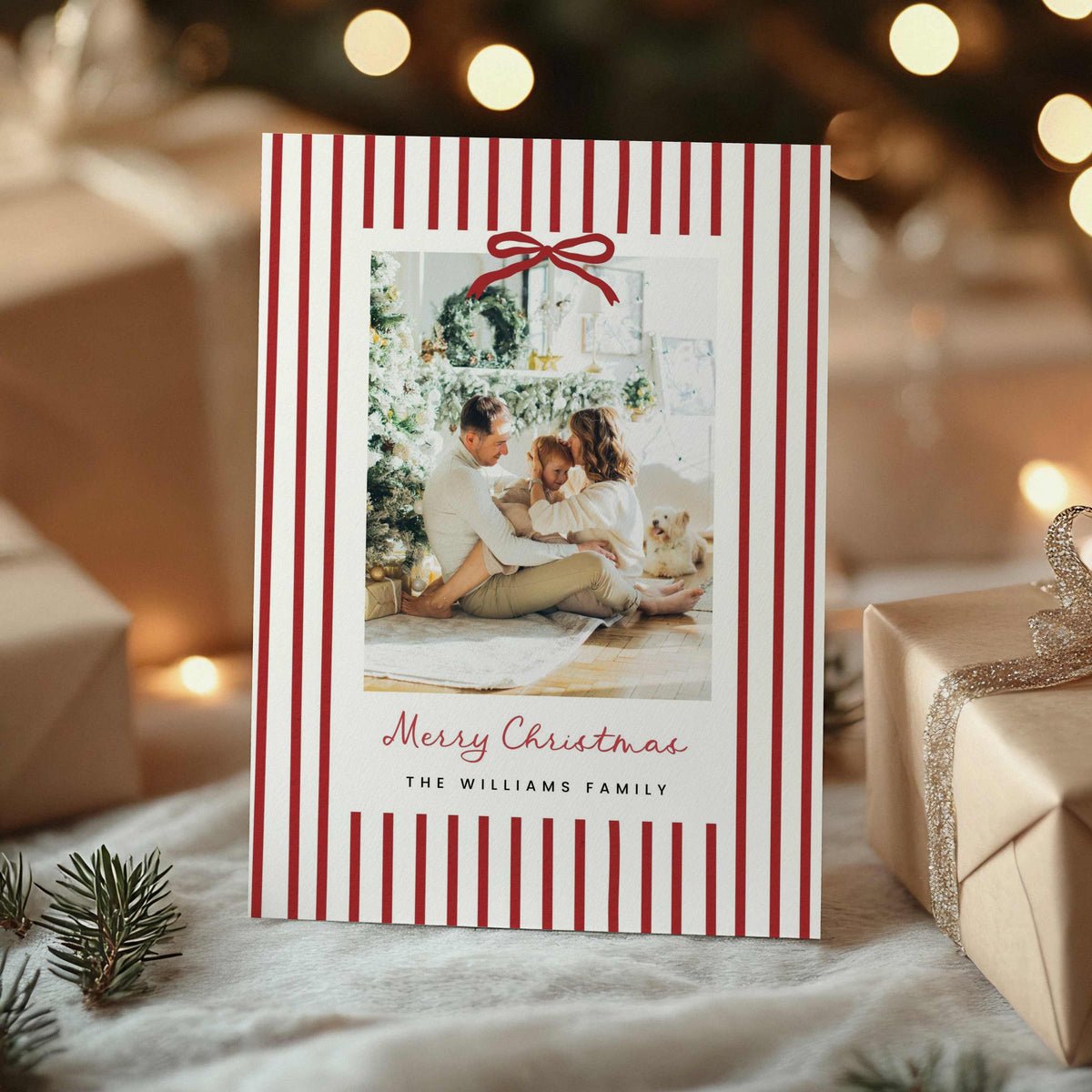 Red Stripe Bow Christmas Photo Card
