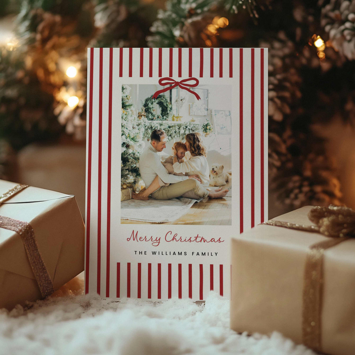 Red Stripe Bow Christmas Photo Card