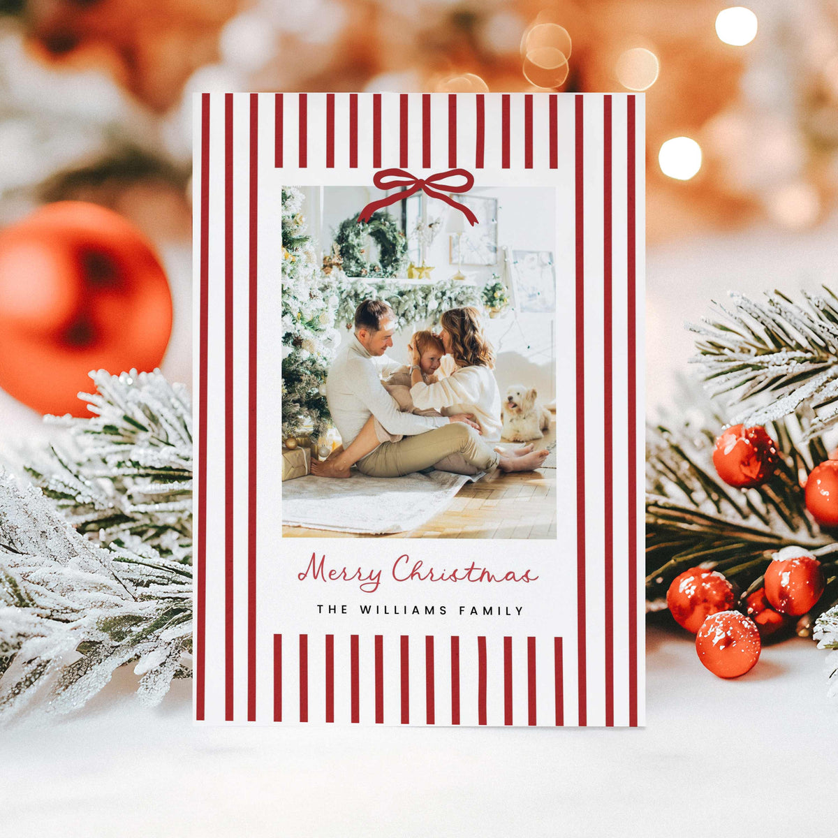 Red Stripe Bow Christmas Photo Card