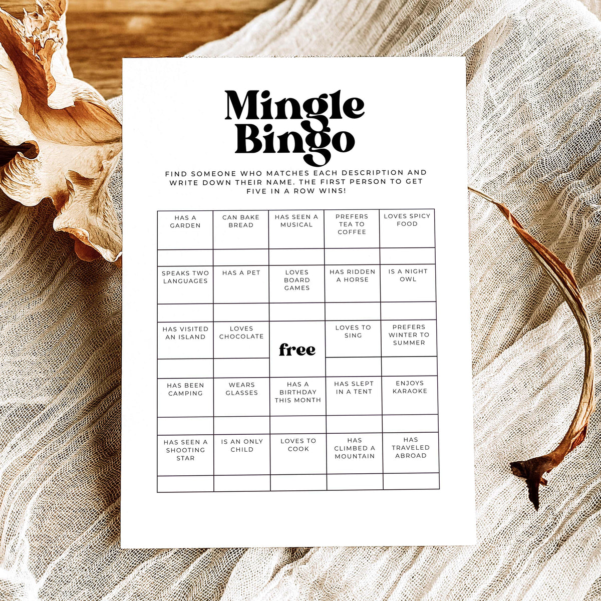 Printable Mingle Bingo icebreaker game with retro black typography and a 5x5 find someone who bingo grid.