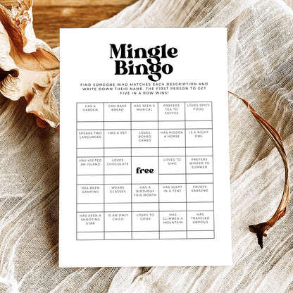 Printable Mingle Bingo icebreaker game with retro black typography and a 5x5 find someone who bingo grid.