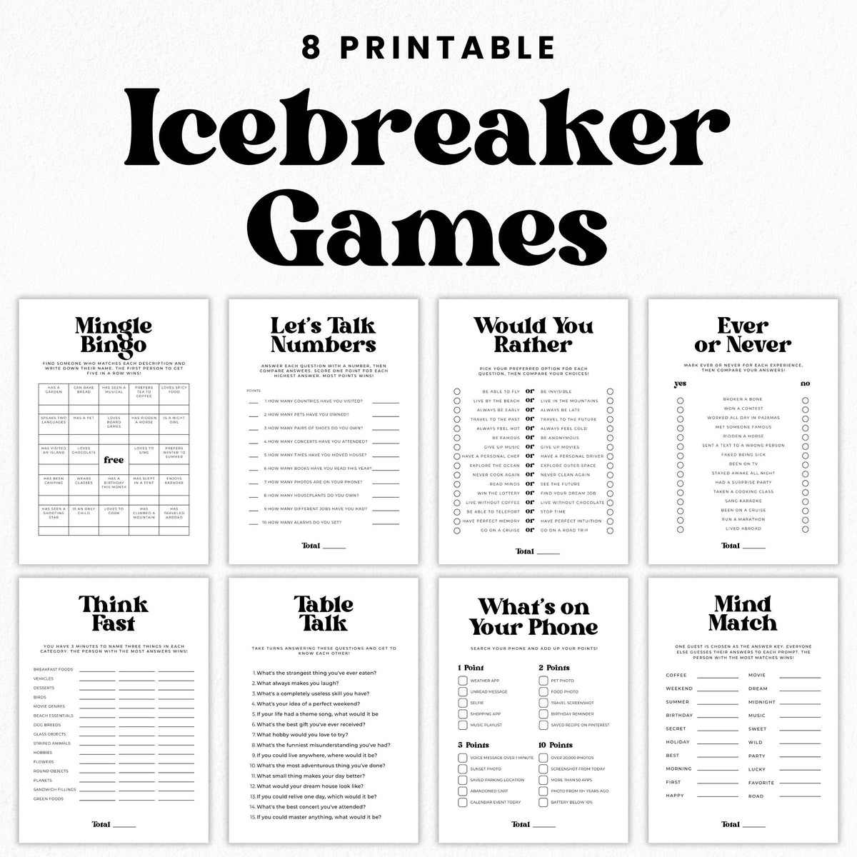 Eight printable icebreaker games for adults with bold black retro typography, including Mingle Bingo, Let's Talk Numbers, Would You Rather, Table Talk, and Mind Match.