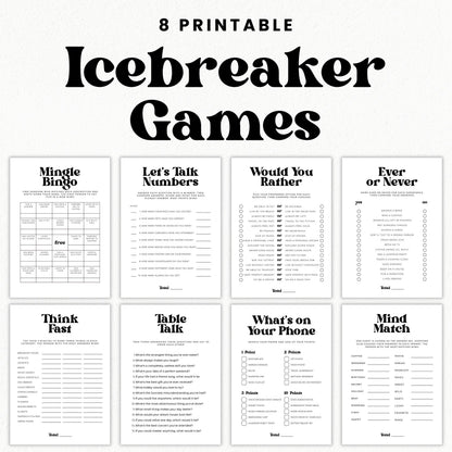 Eight printable icebreaker games for adults with bold black retro typography, including Mingle Bingo, Let's Talk Numbers, Would You Rather, Table Talk, and Mind Match.