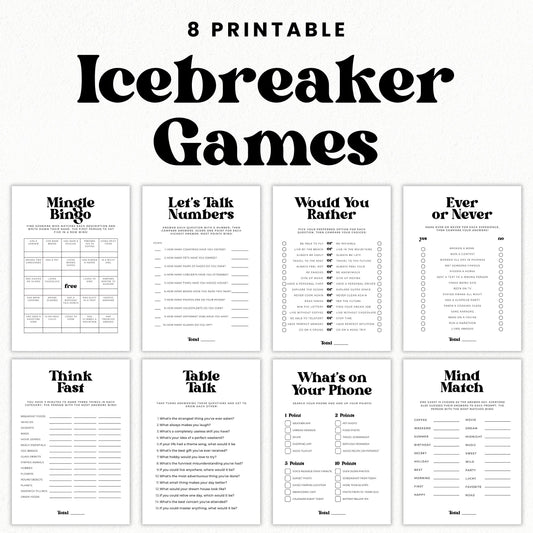 Eight printable icebreaker games for adults with bold black retro typography, including Mingle Bingo, Let's Talk Numbers, Would You Rather, Table Talk, and Mind Match.