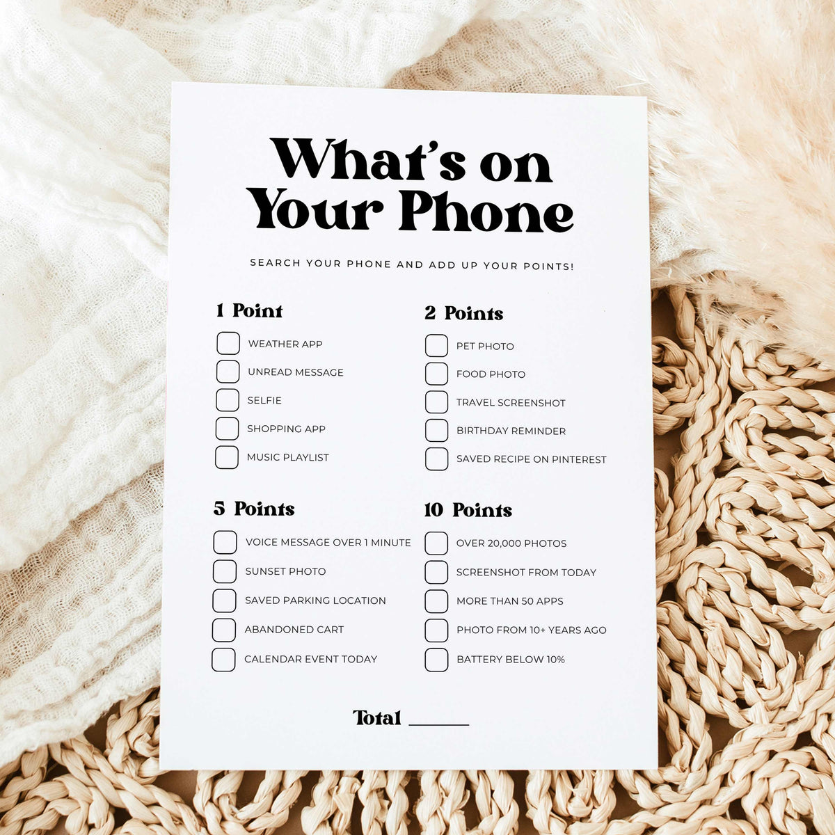 Printable What's on Your Phone party game with a points-based phone scavenger hunt.