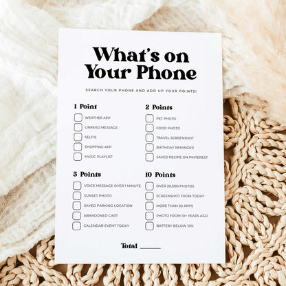 Printable What's on Your Phone party game with a points-based phone scavenger hunt.