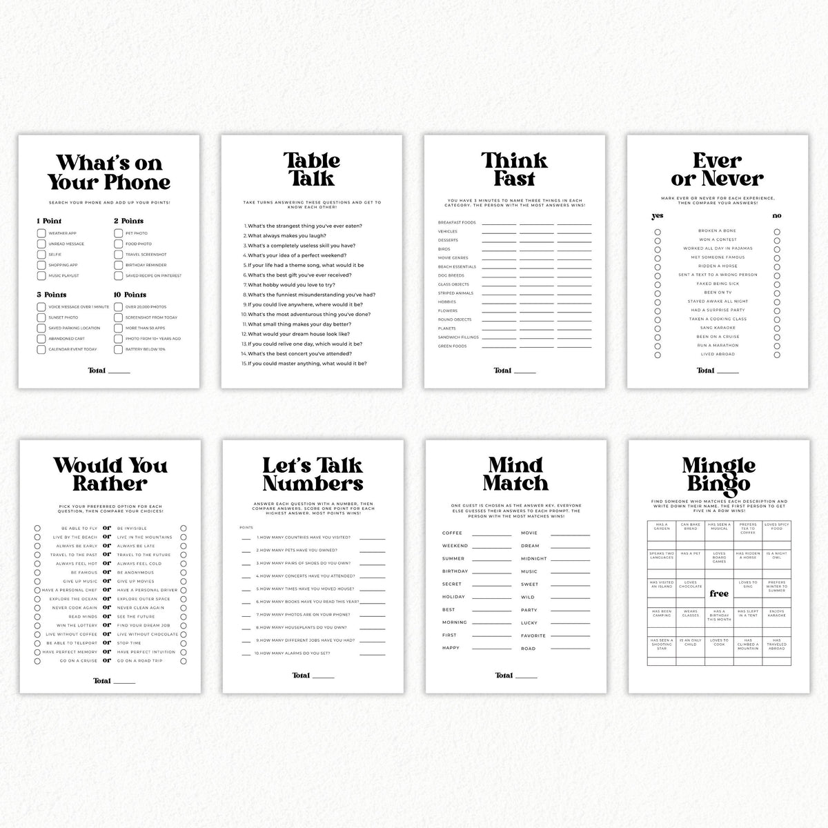 Eight printable icebreaker games for adults with bold black retro typography, including Mingle Bingo, Let's Talk Numbers, Would You Rather, Table Talk, and Mind Match.