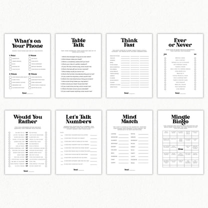 Eight printable icebreaker games for adults with bold black retro typography, including Mingle Bingo, Let's Talk Numbers, Would You Rather, Table Talk, and Mind Match.