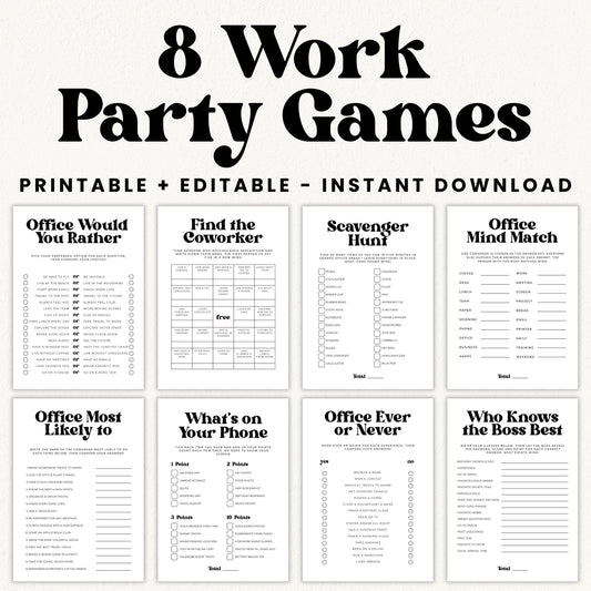 Eight printable work party games in a bold black-and-white retro style, including Find the Coworker, Office Would You Rather, Scavenger Hunt, and Who Knows the Boss Best.