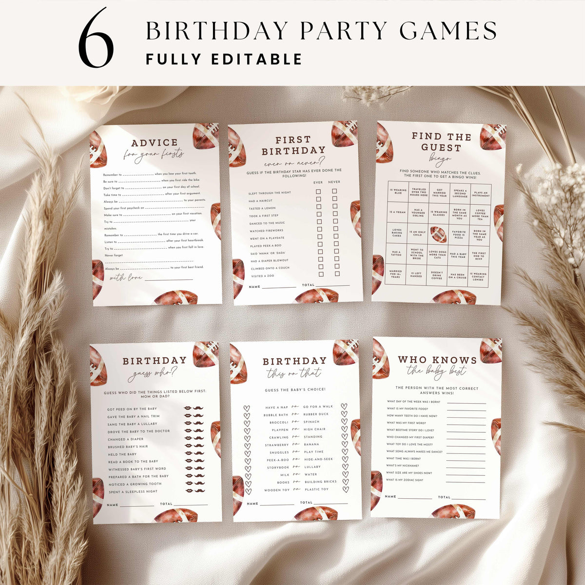 Six printable Rookie of the Year football first birthday games displayed on cream fabric, featuring vintage watercolor footballs, brown lettering, birthday bingo, and guessing games.