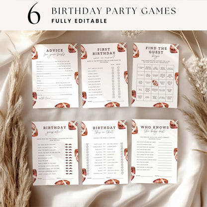 Six printable Rookie of the Year football first birthday games displayed on cream fabric, featuring vintage watercolor footballs, brown lettering, birthday bingo, and guessing games.