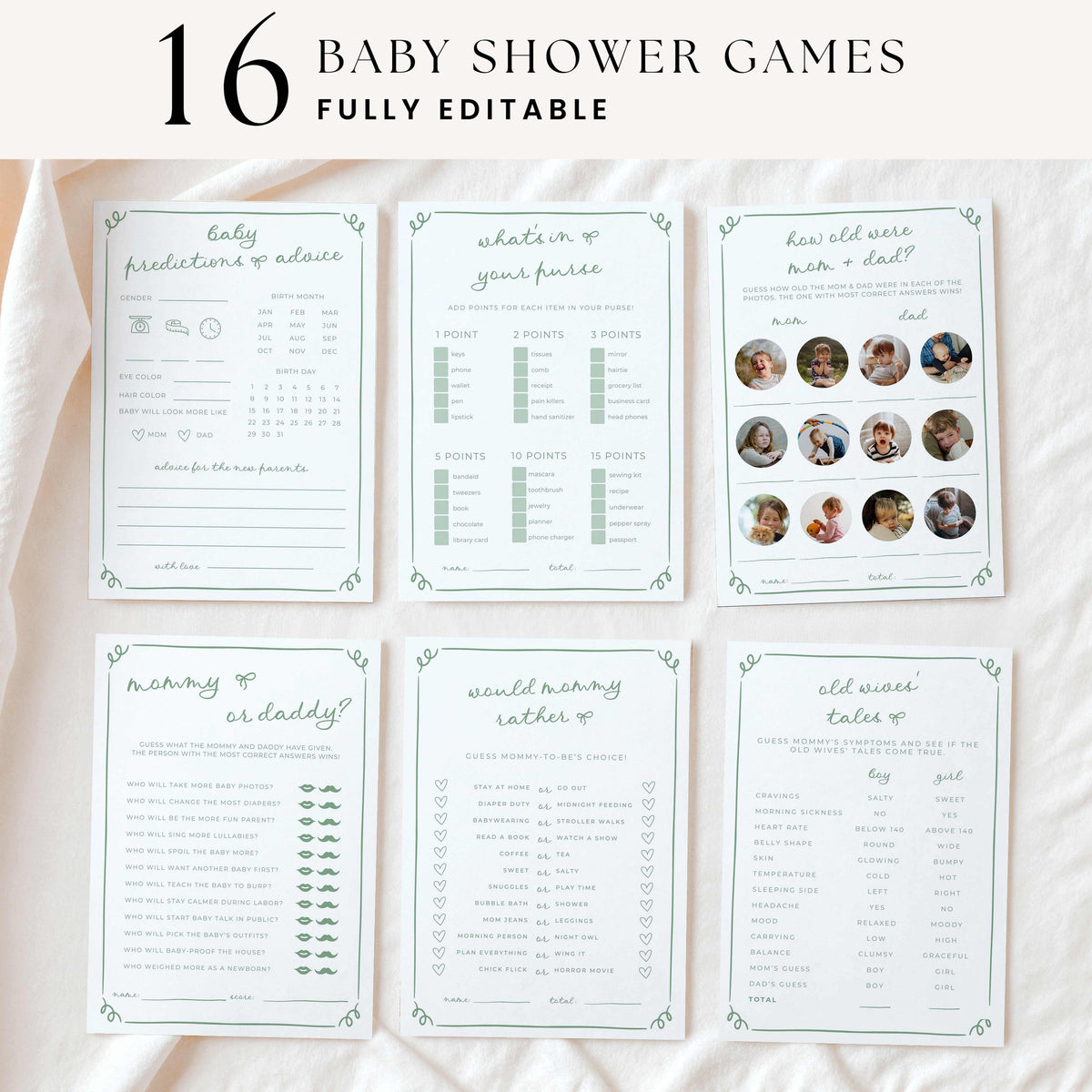 Sage green baby shower games with hand-drawn doodle borders and playful script typography