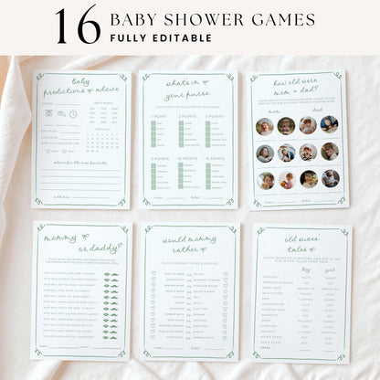 Sage green baby shower games with hand-drawn doodle borders and playful script typography