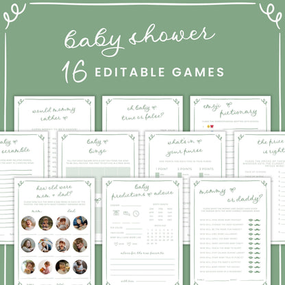 Sage Green Doodle Baby Shower Games & Activities