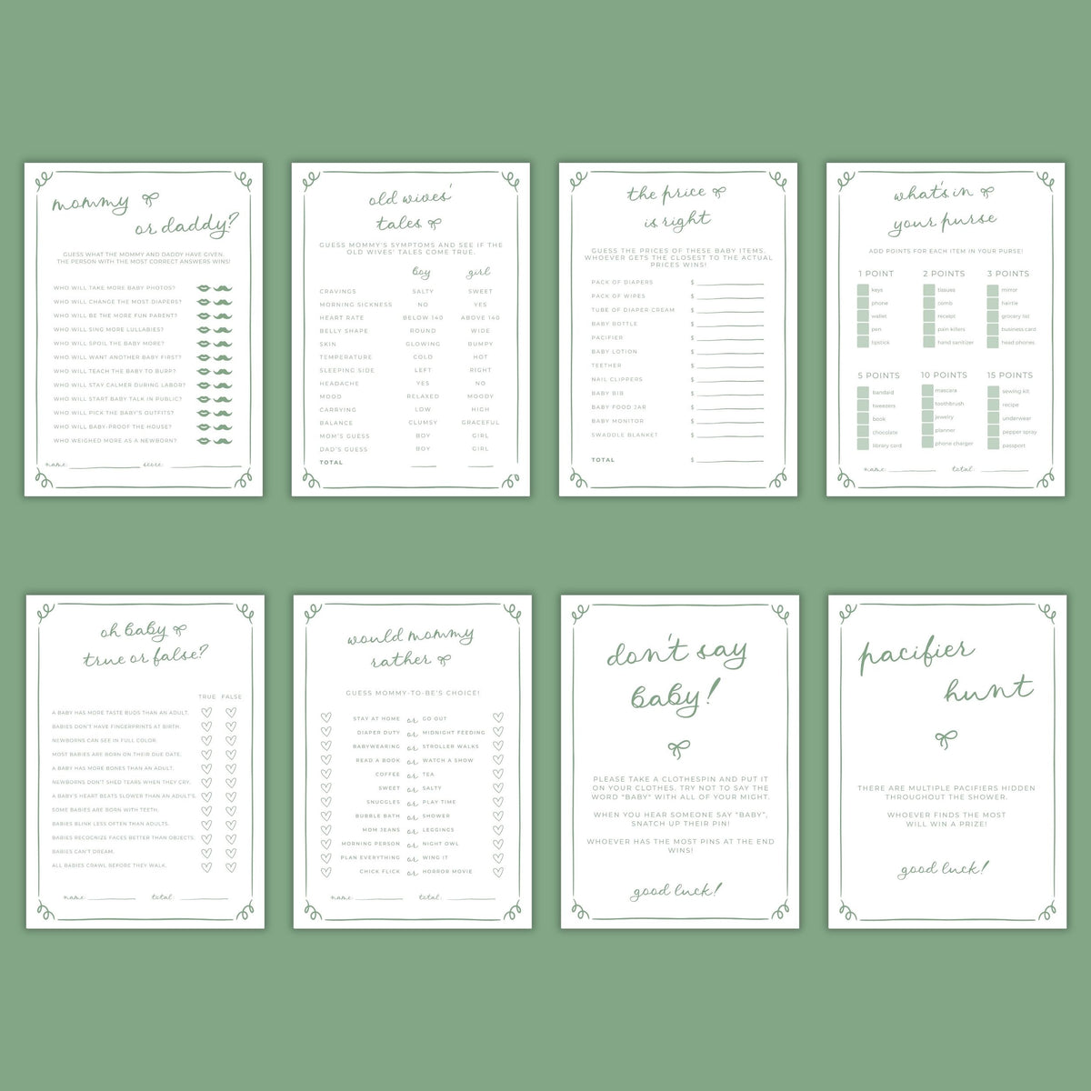 Sage Green Doodle Baby Shower Games & Activities