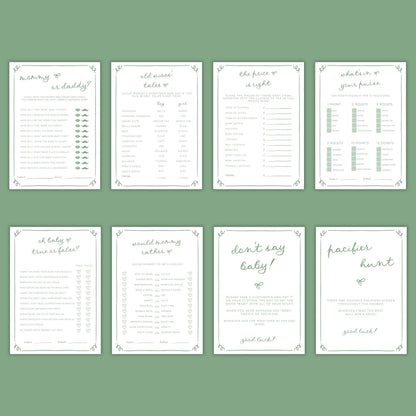 Sage Green Doodle Baby Shower Games & Activities