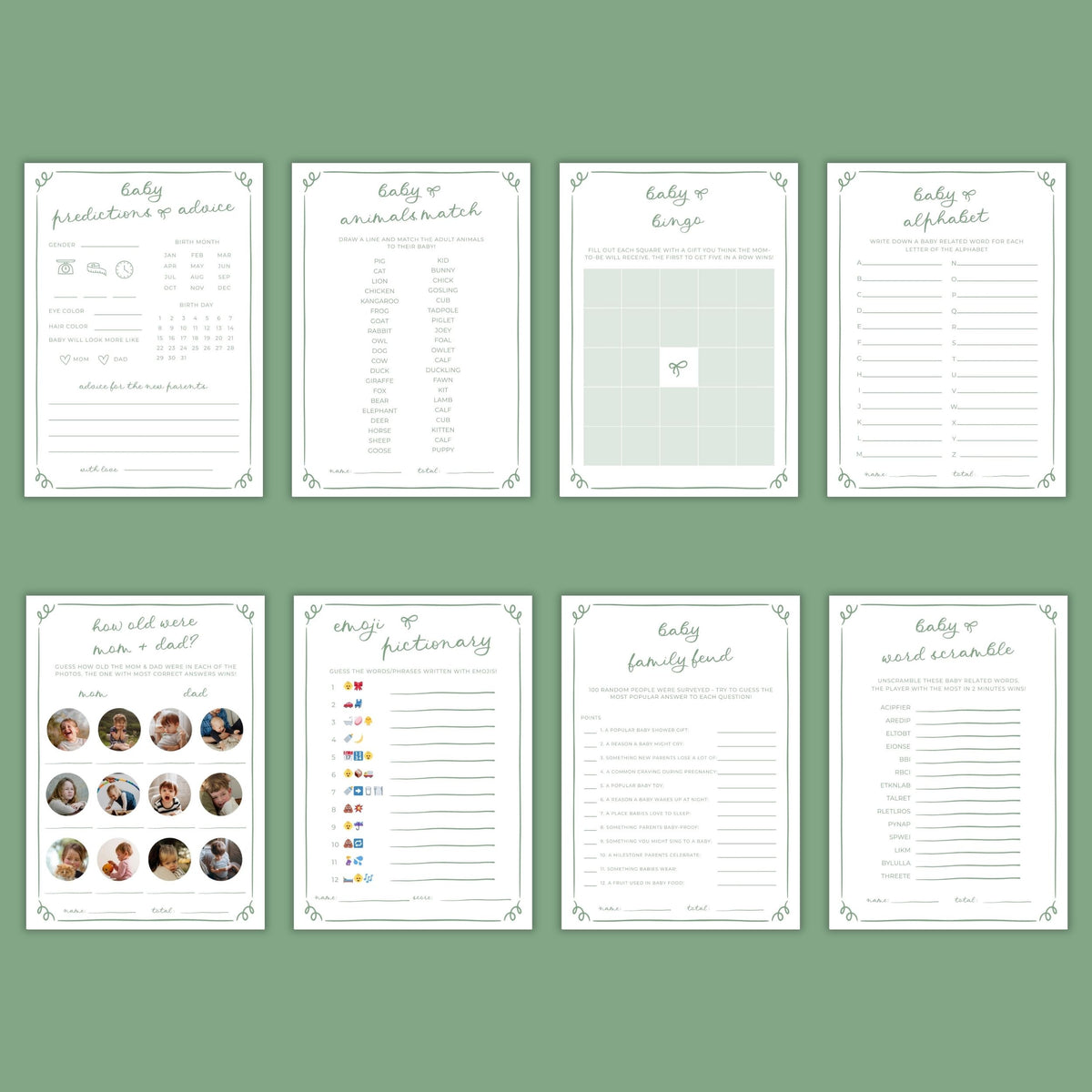 Sage Green Doodle Baby Shower Games & Activities