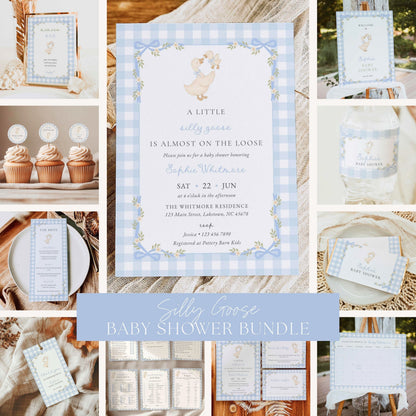 Blue gingham silly goose baby shower bundle featuring watercolor mother goose and gosling illustrations, floral bows, invitations, welcome signs, printable games, cupcake toppers, and matching party decorations.