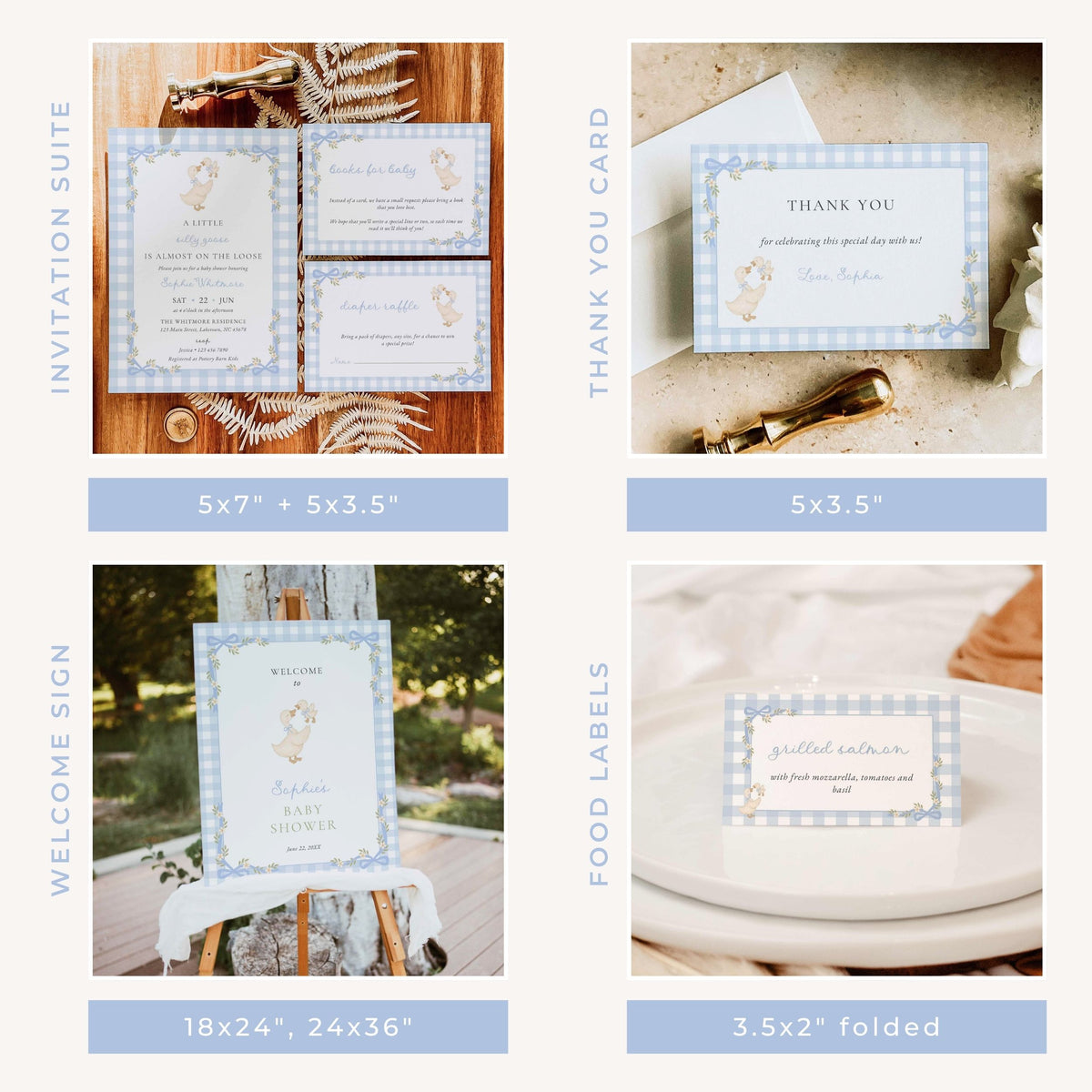 A 2x2 collage showing baby shower invitation stationery options: an invitation suite on a wood surface, a thank you card with envelope on a neutral background, a welcome sign on an easel outdoors, and folded food labels on plates. Each panel includes size labels and blue gingham border samples.