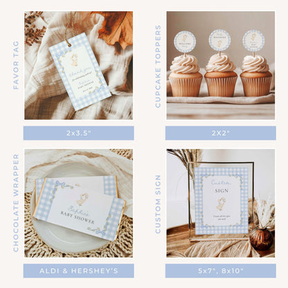 A 2x2 collage showing baby shower stationery options: a favor tag, cupcake toppers, chocolate wrapper cards, and a custom sign. Each item features a soft blue-and-white gingham border, pastel blue accents, and a small baby footprint illustration.