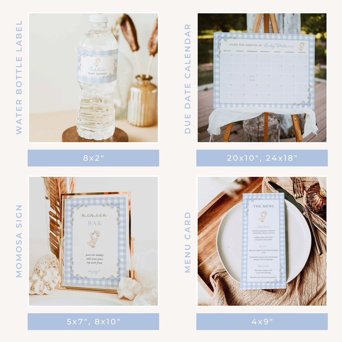 A 2x2 collage showing coordinated baby shower stationery and tableware in a soft blue-and-white gingham style. The panels include a water bottle label, a due date calendar on an easel, a framed momosas sign, and a menu card on a plate, each with size labels at the bottom and vertical text naming the item.