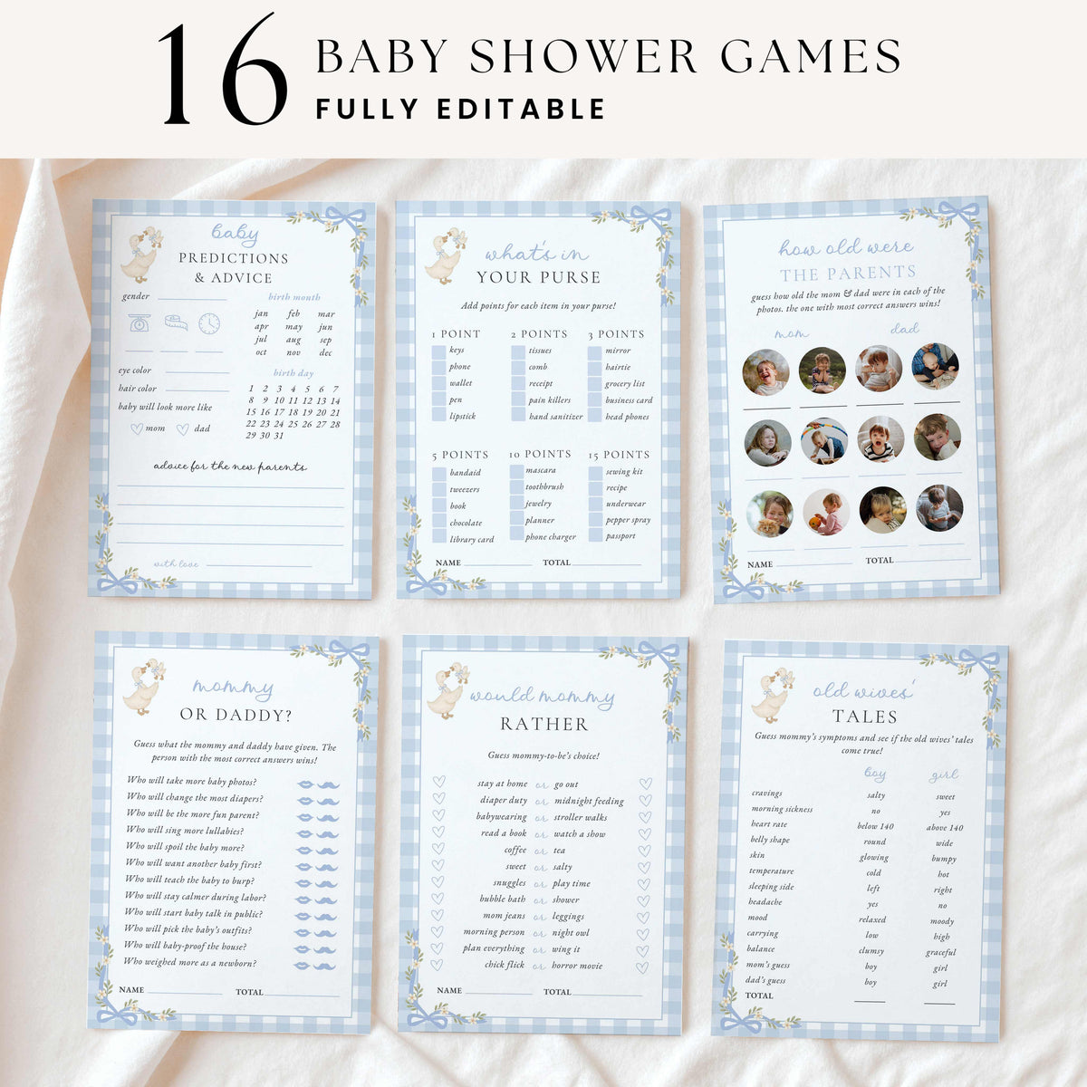 Six printable silly goose baby shower games displayed on cream fabric, featuring watercolor mother goose illustrations, pastel blue gingham borders, floral bows, and baby shower activities.