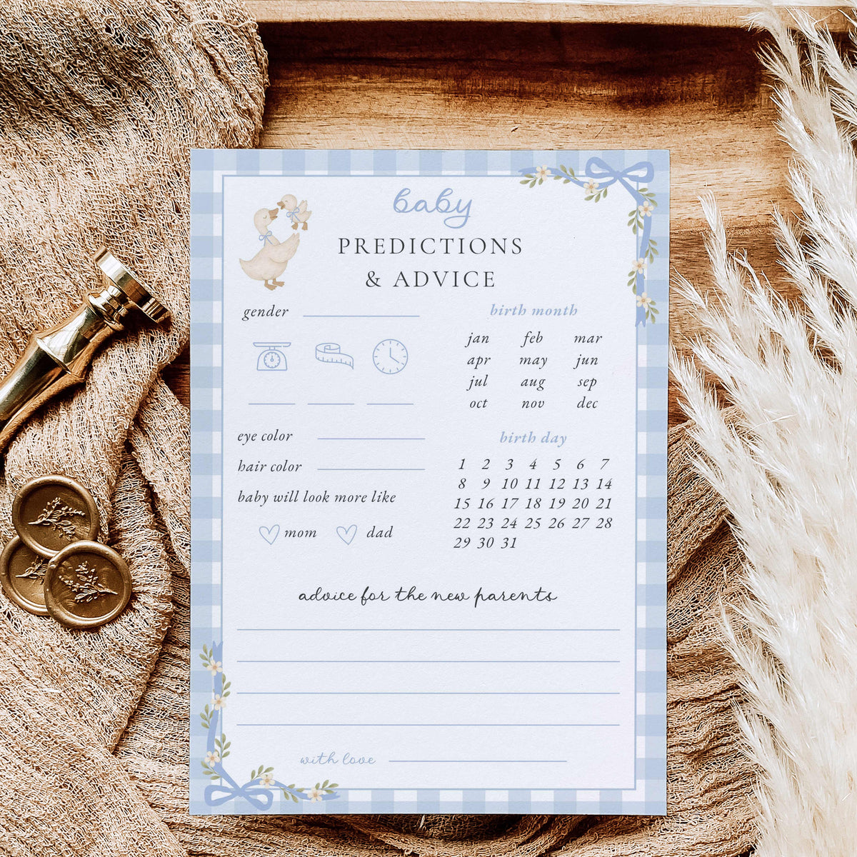 Printable silly goose baby shower predictions and advice game with watercolor mother goose, blue gingham border, floral bows, and baby prediction prompts.