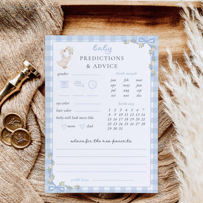 Printable silly goose baby shower predictions and advice game with watercolor mother goose, blue gingham border, floral bows, and baby prediction prompts.