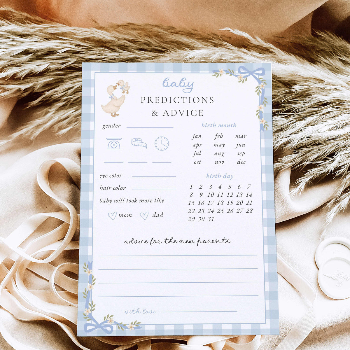 Printable silly goose baby shower predictions and advice game with watercolor mother goose, blue gingham border, floral bows, and baby prediction prompts.
