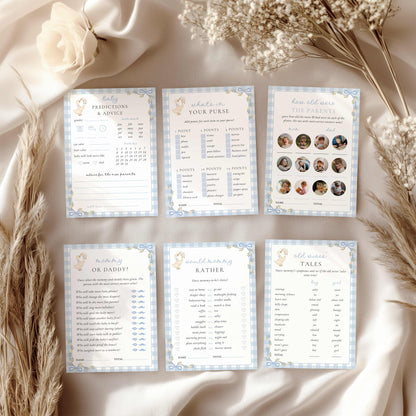 Six printable silly goose baby shower games displayed on cream fabric, featuring watercolor mother goose illustrations, pastel blue gingham borders, floral bows, and baby shower activities.