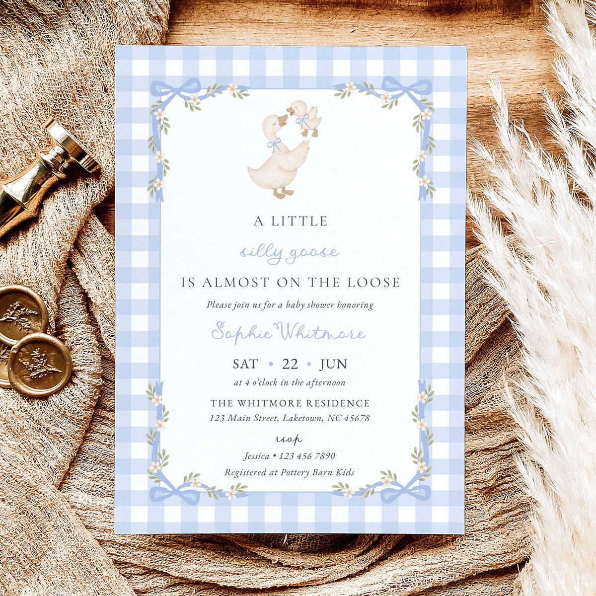 Blue gingham silly goose baby shower invitation with watercolor mother goose and gosling, pastel blue bows, white daisies, floral ribbon frame, and vintage lettering.