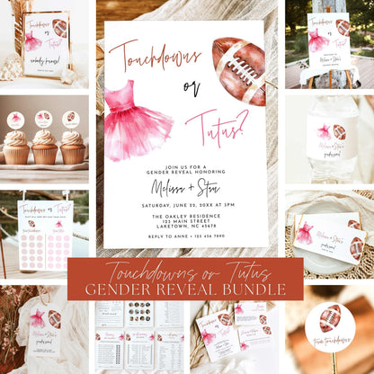 Touchdowns or Tutus gender reveal party bundle featuring watercolor football and pink ballet tutu designs, matching invitations, welcome sign, gender reveal voting board, printable games, cupcake toppers, favor tags, and party decorations.