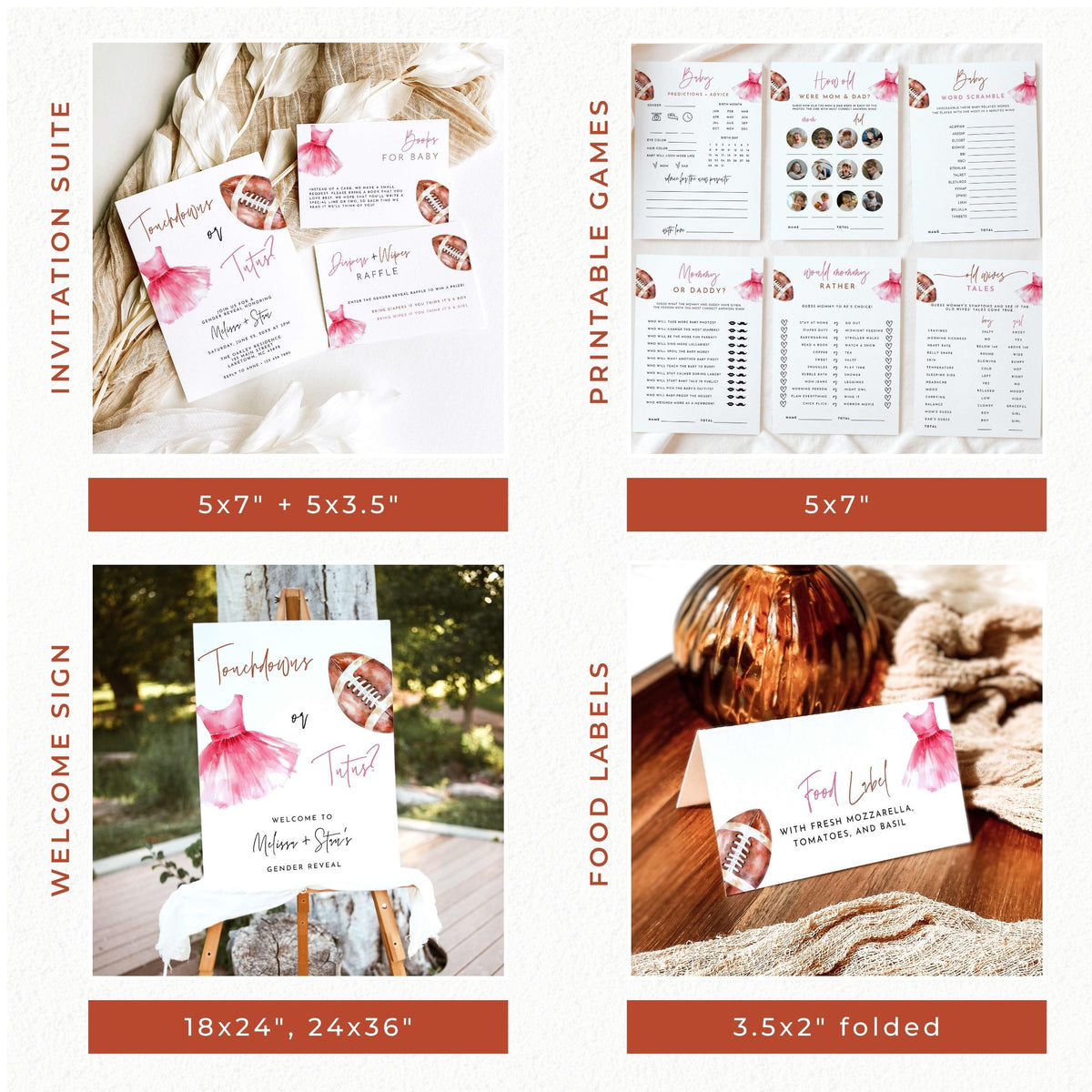 A four-panel collage showing a coordinated football-themed stationery set: invitation suite, printable games, welcome sign, and food labels. The designs use white cards with pink floral graphics, brown football accents, and warm rust-orange text bands.