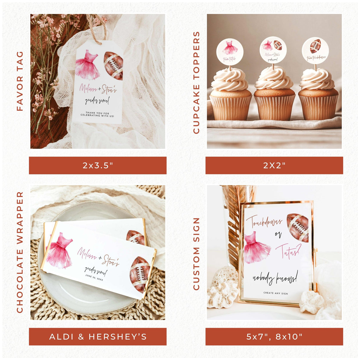 A 2x2 collage showing four customizable football-themed stationery products: a favor tag, cupcake toppers, chocolate wrapper, and custom sign, each with example photos and size labels on a white background with rust-colored banners.