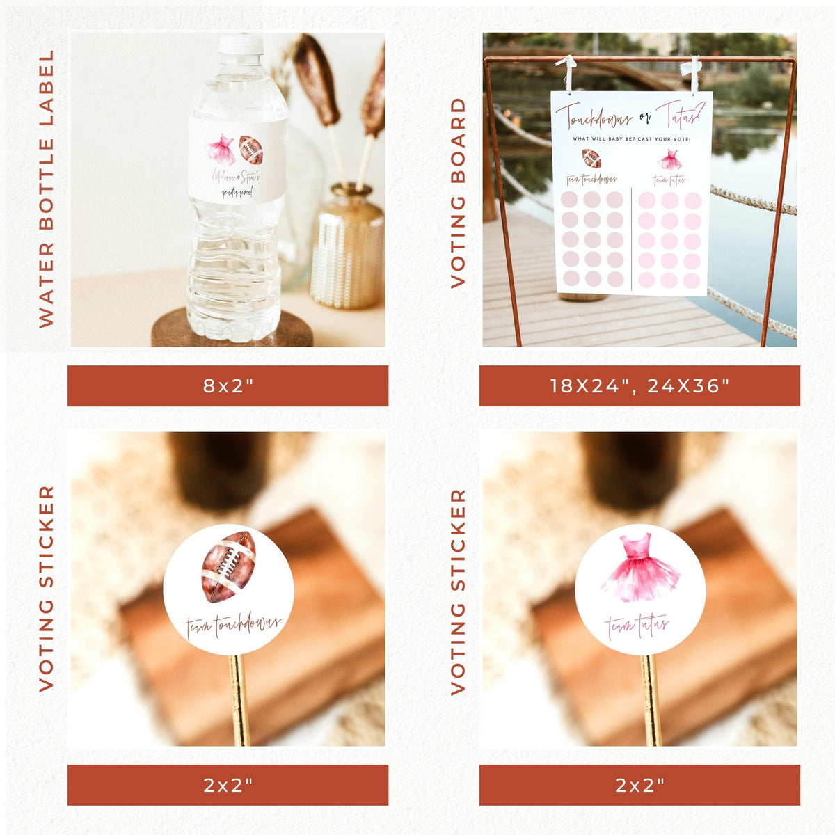 Touchdowns or Tutus gender reveal party bundle featuring watercolor football and pink ballet tutu designs, matching invitations, welcome sign, gender reveal voting board, printable games, cupcake toppers, favor tags, and party decorations.