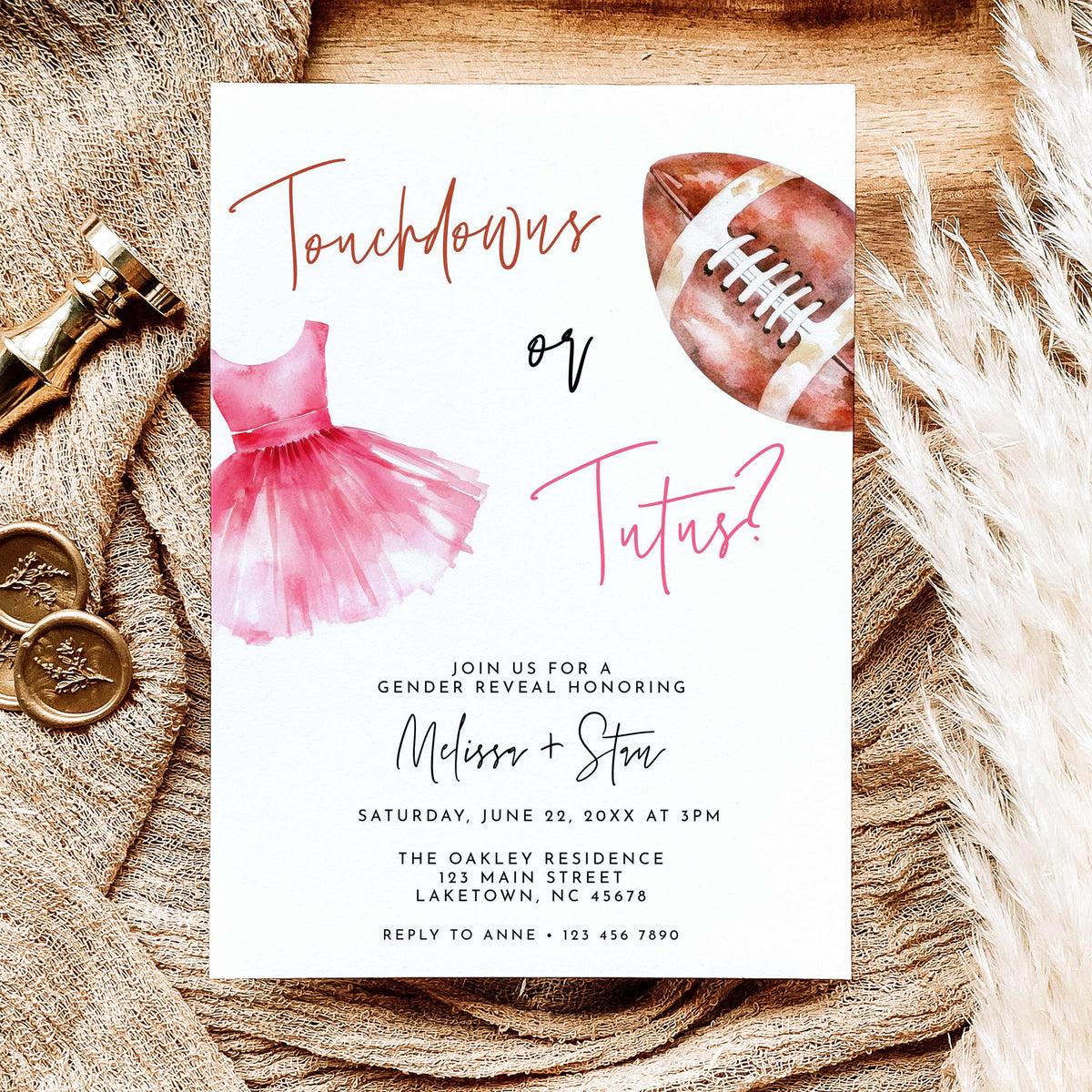 Touchdowns or Tutus gender reveal invitation featuring a watercolor brown football, pink ballet tutu, handwritten lettering, and party details on a white background.