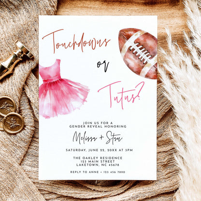 Touchdowns or Tutus gender reveal invitation featuring a watercolor brown football, pink ballet tutu, handwritten lettering, and party details on a white background.